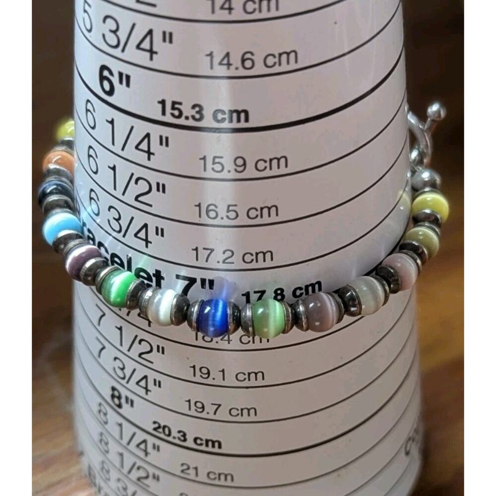 Vintage Sterling Silver 925 Multi-Color Cat's Eye Fiber Optic Bead Bracelet